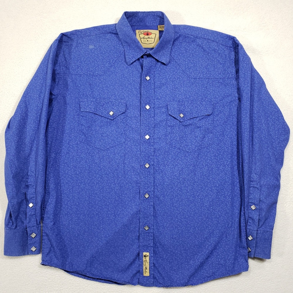Larry Mahan Western Shirt Mens Large Blue Floral Snap Button Long Sleeve Cowboy